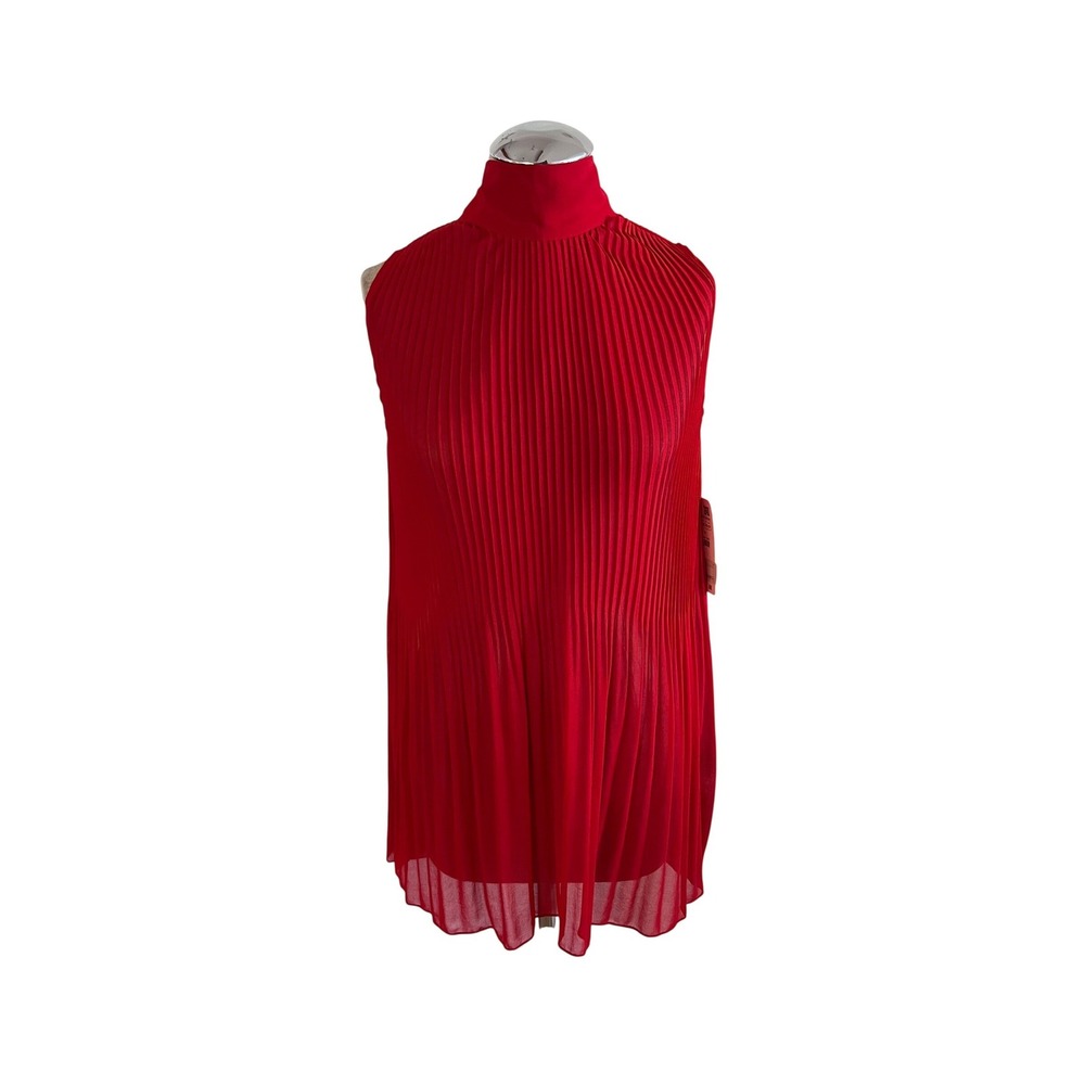 Zara Red Sheer Pleated High Neck Tie Back Tunic Top XS NWT